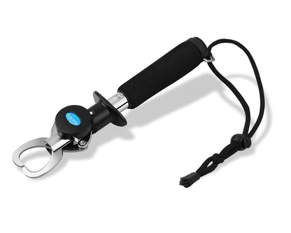 Stainless steel fish lip gripper with non-slip handle, built-in scale, and measuring tool for saltwater and freshwater fishing.