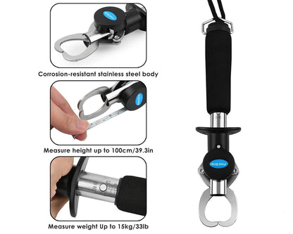 Stainless steel fish lip gripper showing corrosion-resistant body, built-in measuring tape up to 100 cm, and weight scale up to 15 kg for fishing.