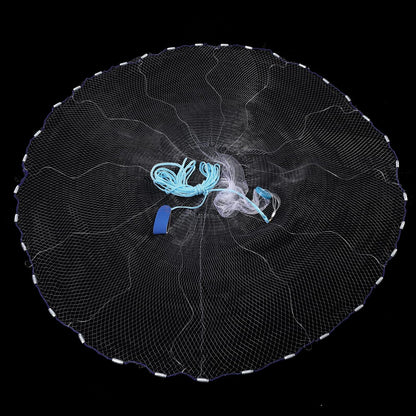 Fully opened saltwater fishing cast net showing wide spread with blue hand line and zinc sinkers