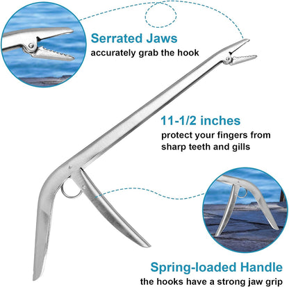 Fishing hook remover pliers with serrated jaws, spring-loaded handle, and 11.5 inch length for safe hook removal from fish