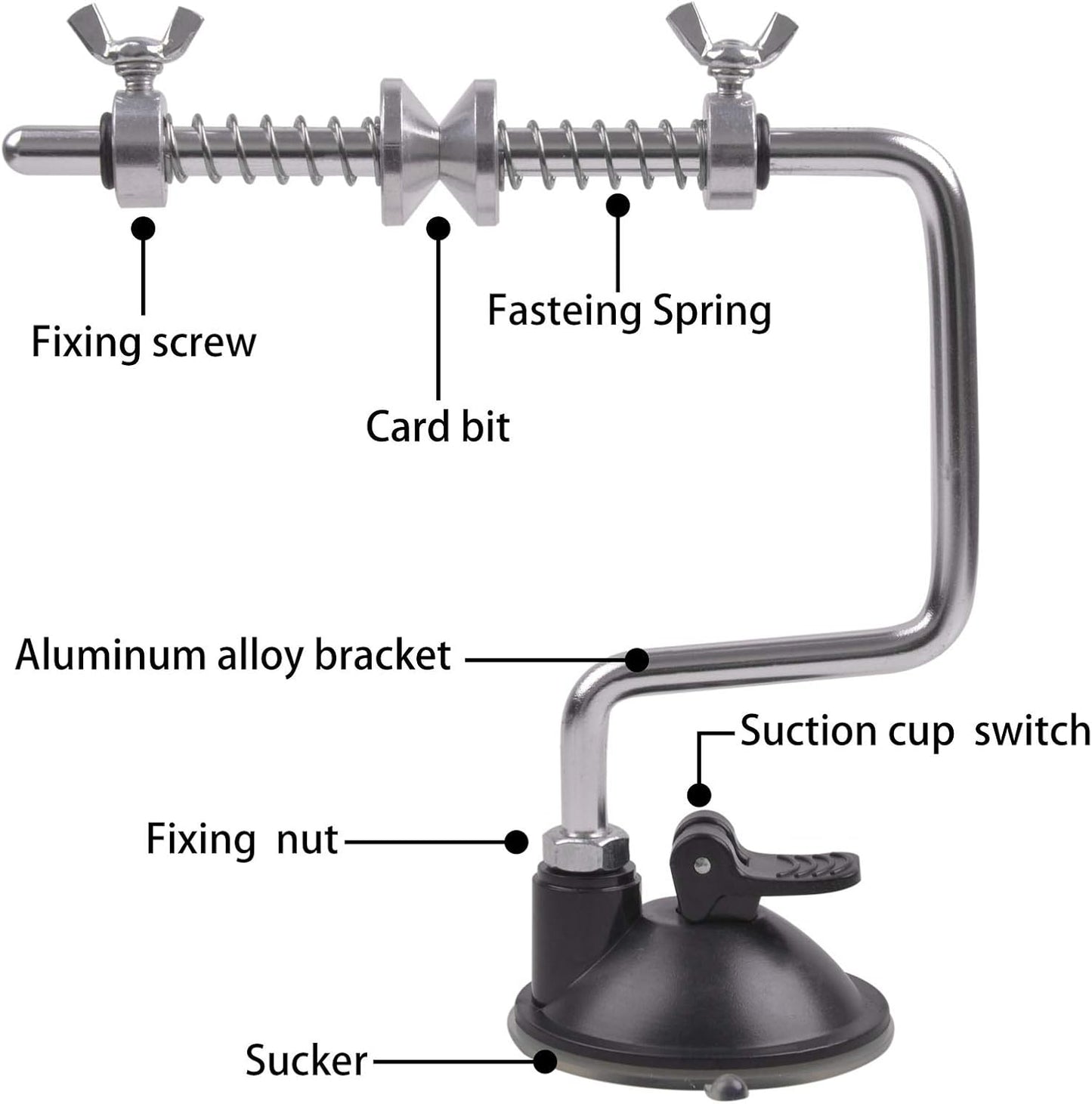 Diagram of fishing line spooler showing fixing screw, fastening spring, aluminum alloy bracket, and suction cup base for reel spooling.