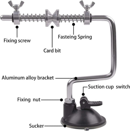 Diagram of fishing line spooler showing fixing screw, fastening spring, aluminum alloy bracket, and suction cup base for reel spooling.