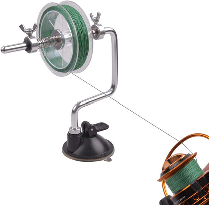 Fishing line spooler in use, winding braided fishing line onto a spinning reel with suction cup base for stability.