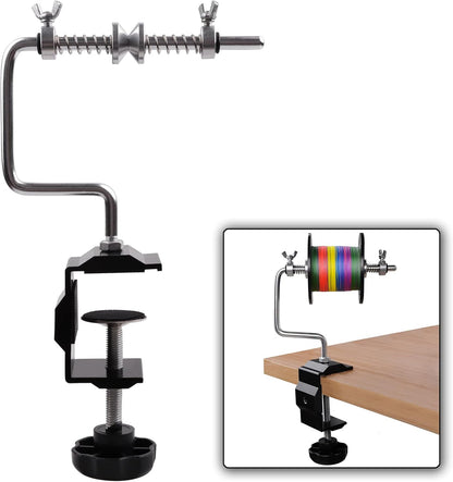 Fishing line spooler with adjustable table clamp design, shown attached to a desk with a spool of multicolor fishing line.