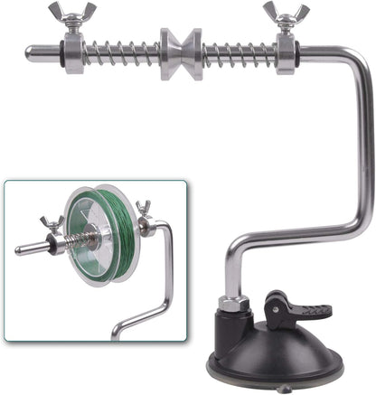 Portable fishing line spooler winder with vacuum suction cup and adjustable clamp for spinning and casting reels.