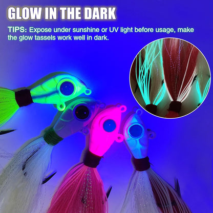 Glow-in-the-dark bucktail jigs in green and pink under UV light