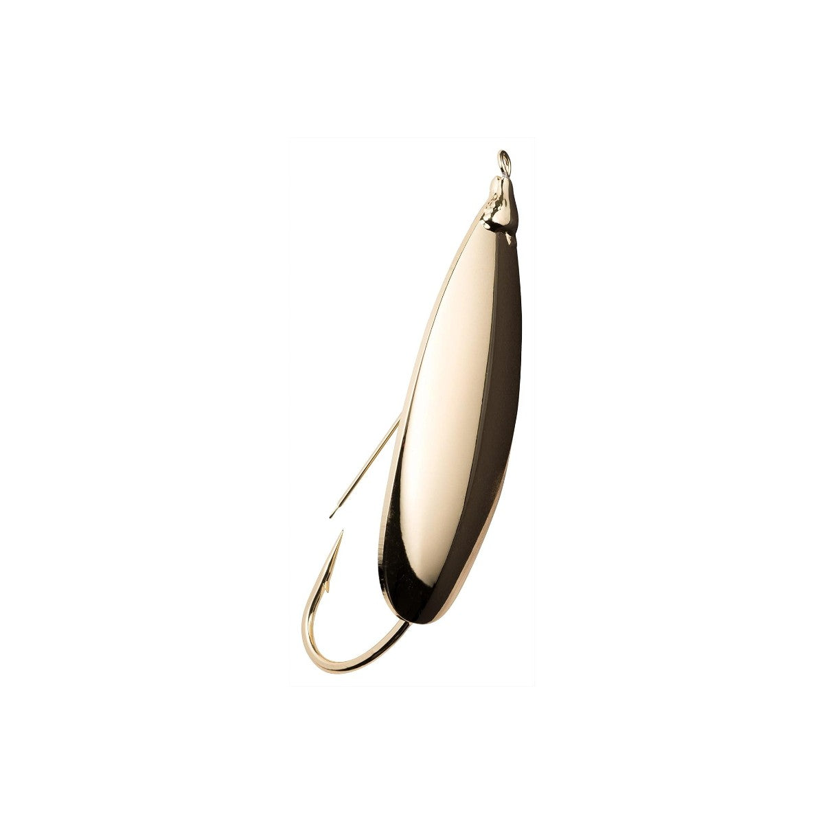 Gold 2 3/4 inch weedless spoon fishing lure with single hook, designed for snook, redfish, and tarpon