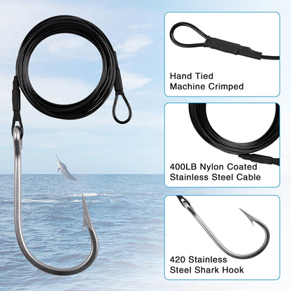 Close-up of shark rig with wire leader and crimped loop for surf fishing