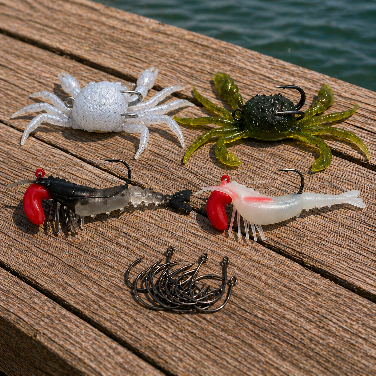 Inshore fishing kit with crab and shrimp lures and circle hooks on a dock for dock and piling fishing