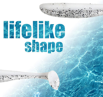 Close-up of a soft plastic paddle tail swimbait with lifelike shape design for saltwater fishing