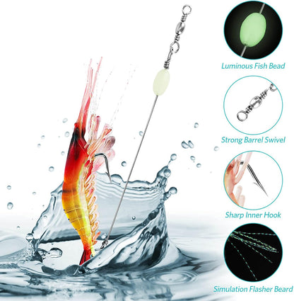 Luminous shrimp fishing lure splashing in water with glowing bead, strong swivel, sharp hook, and flasher strands for snook, redfish, and tarpon