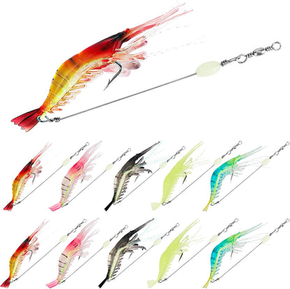 10 pack luminous soft shrimp lures in assorted colors with glow-in-the-dark hooks, designed for snook, redfish, and tarpon