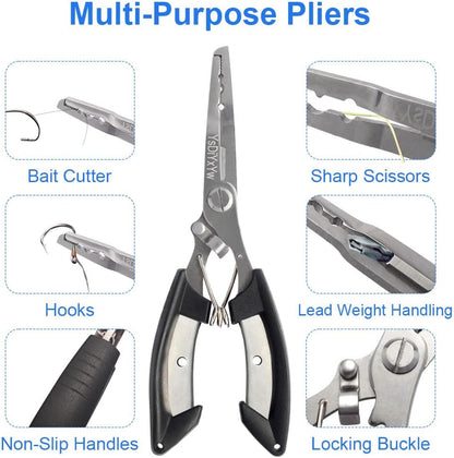 Multi-purpose stainless steel fishing pliers with bait cutter, sharp scissors, hook remover, lead weight crimper, non-slip handles, and locking buckle