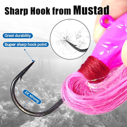 Close-up of Mustad hook featured on glowing bucktail jig for saltwater fishing