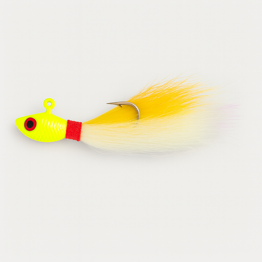 Backwater Bucktail Jig in Sunflash color, 1/2 oz and 4.5 inches, featuring a chartreuse and yellow bucktail with red thread wrap and saltwater hook.
