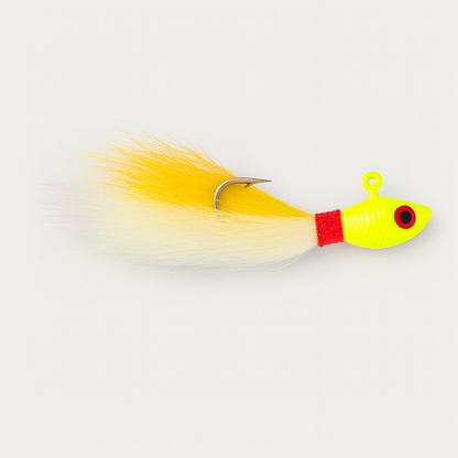 Backwater Bucktail Jig in Sunflash color, 1/2 oz and 4.5 inches, featuring a chartreuse and yellow bucktail with red thread wrap and saltwater hook right.
