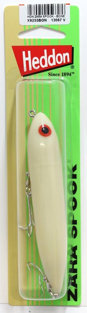 Heddon Zara Spook topwater lure, bone color, 4.5 in, 3/4 oz with two treble hooks, sealed in retail blister pack.
