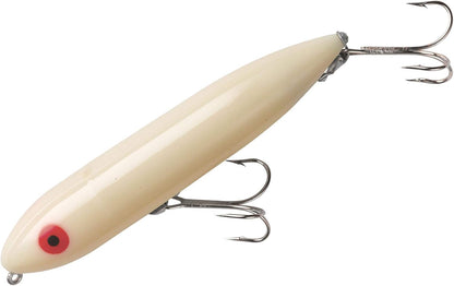 Heddon Zara Spook topwater walk-the-dog lure, 4.5 in, 3/4 oz, white body with two treble hooks.
