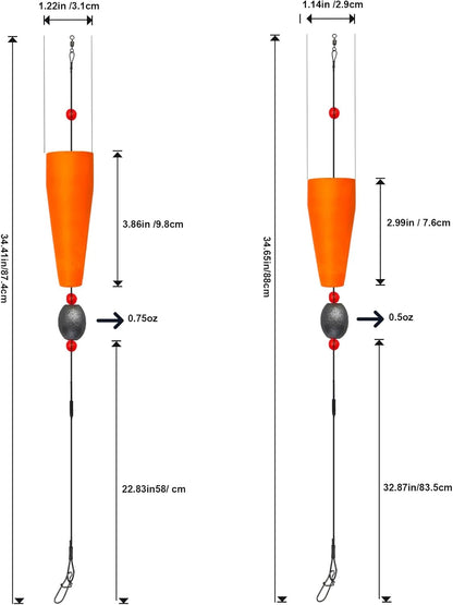 Saltwater popping cork rattle rig size chart with weights and measurements