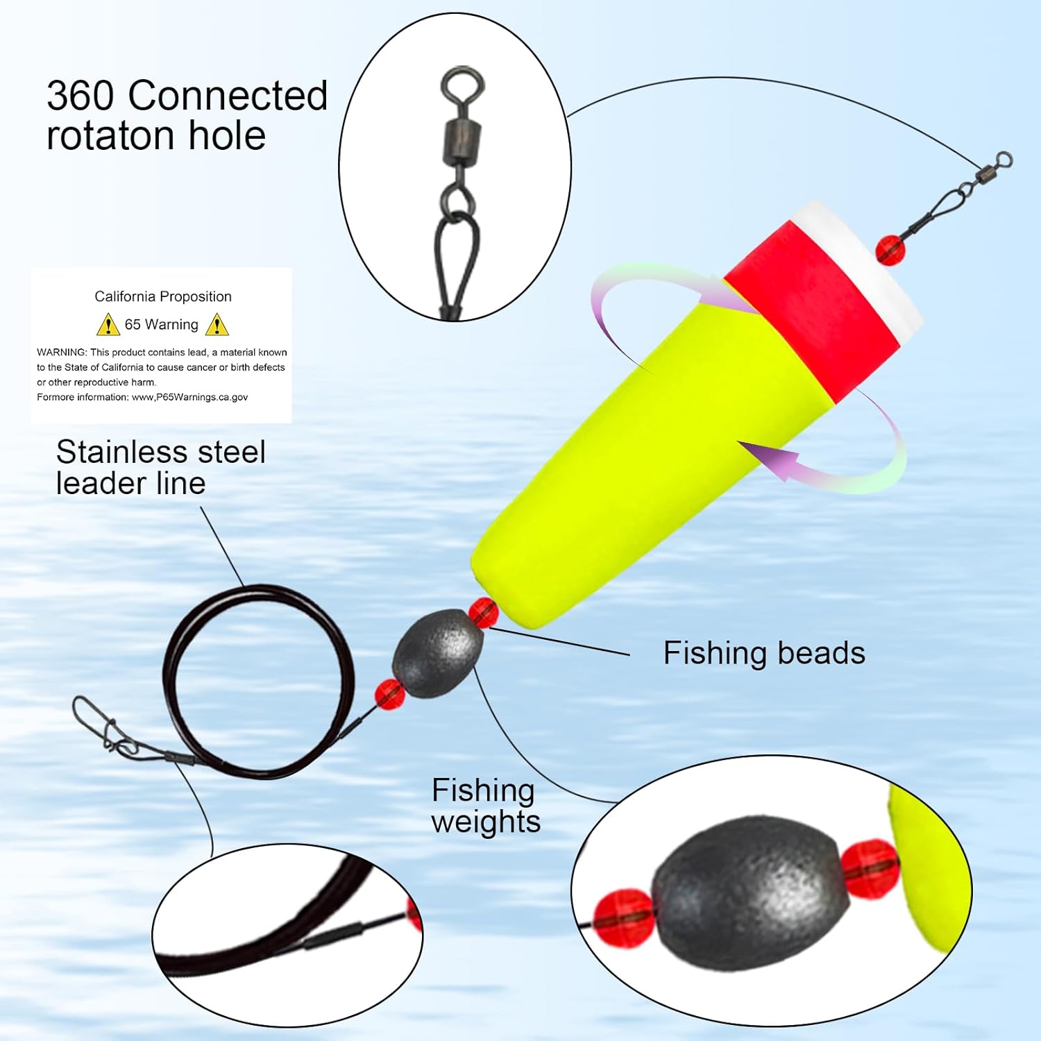 Saltwater popping cork rig with stainless steel leader line beads swivel and fishing weight