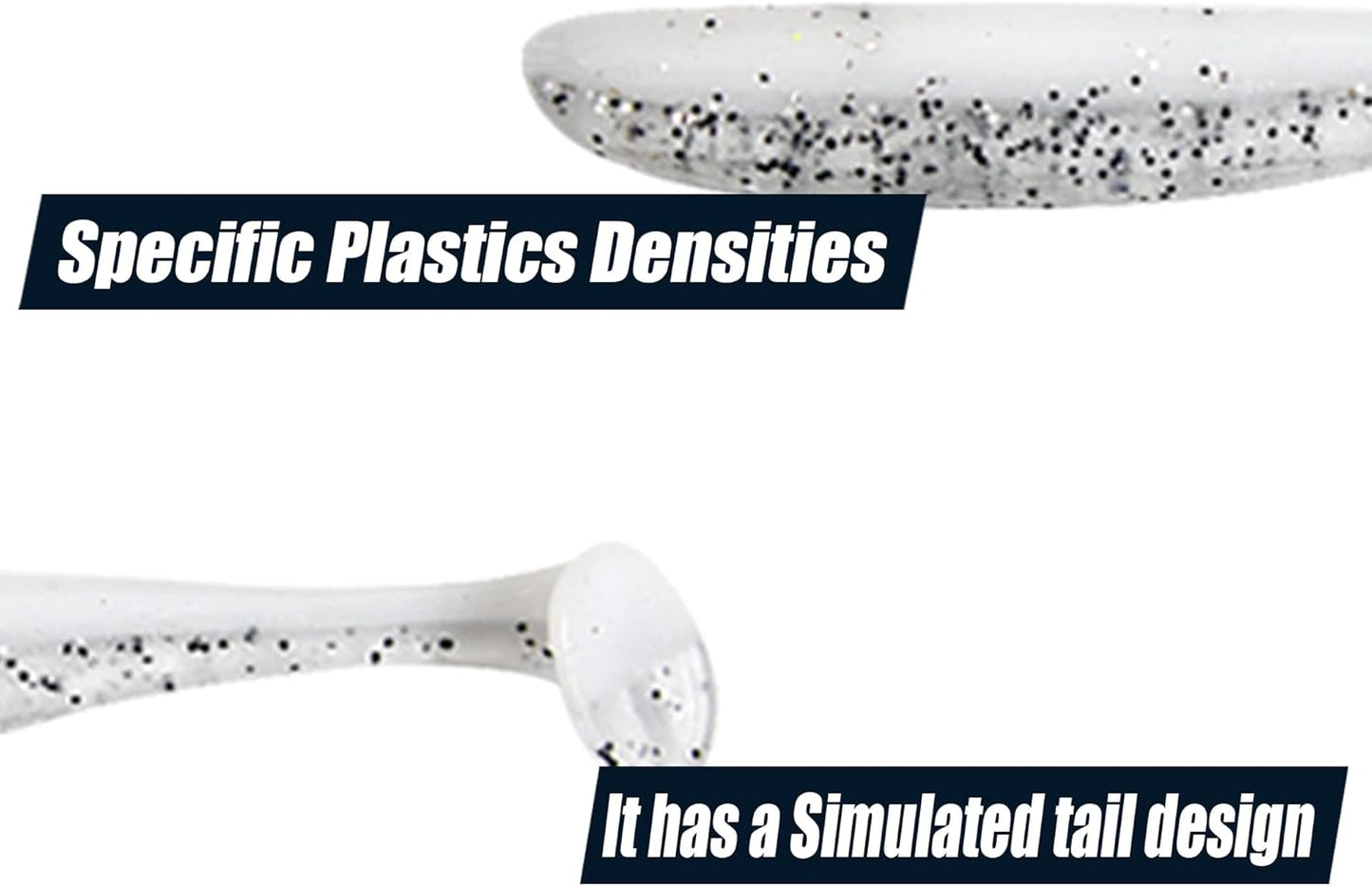 White paddle tail swimbait showing simulated tail design and realistic plastic density for natural swimming action.