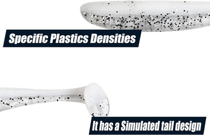 White paddle tail swimbait showing simulated tail design and realistic plastic density for natural swimming action.