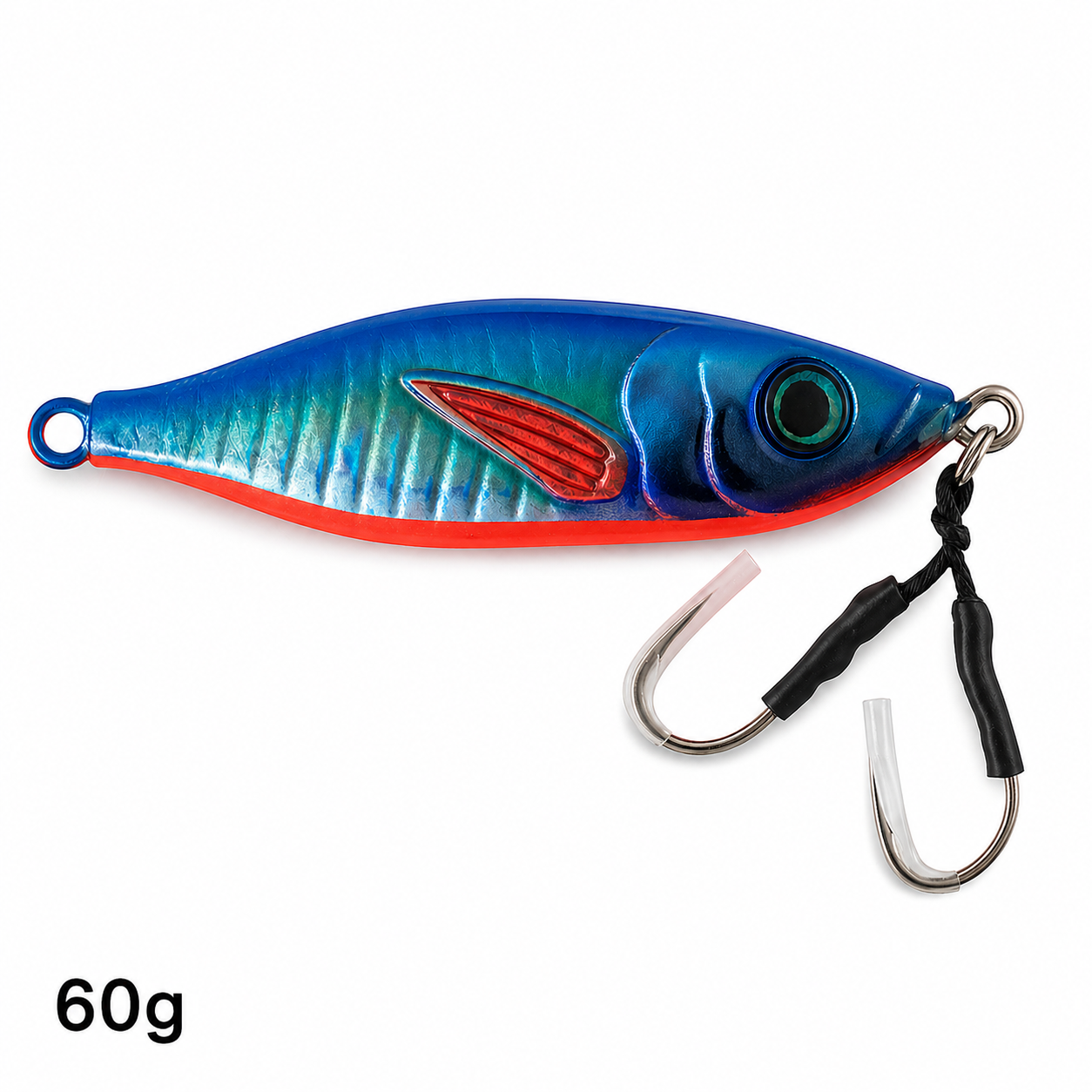 ReefStrike slow pitch jig Blue Sardine 60g with blue and silver holographic body and red belly, rigged with dual assist hooks for offshore snapper and grouper fishing
