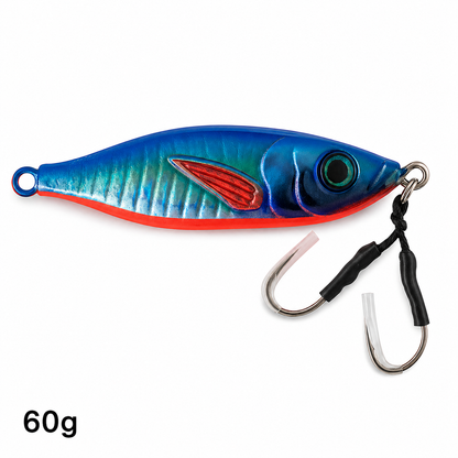 ReefStrike slow pitch jig Blue Sardine 60g with blue and silver holographic body and red belly, rigged with dual assist hooks for offshore snapper and grouper fishing