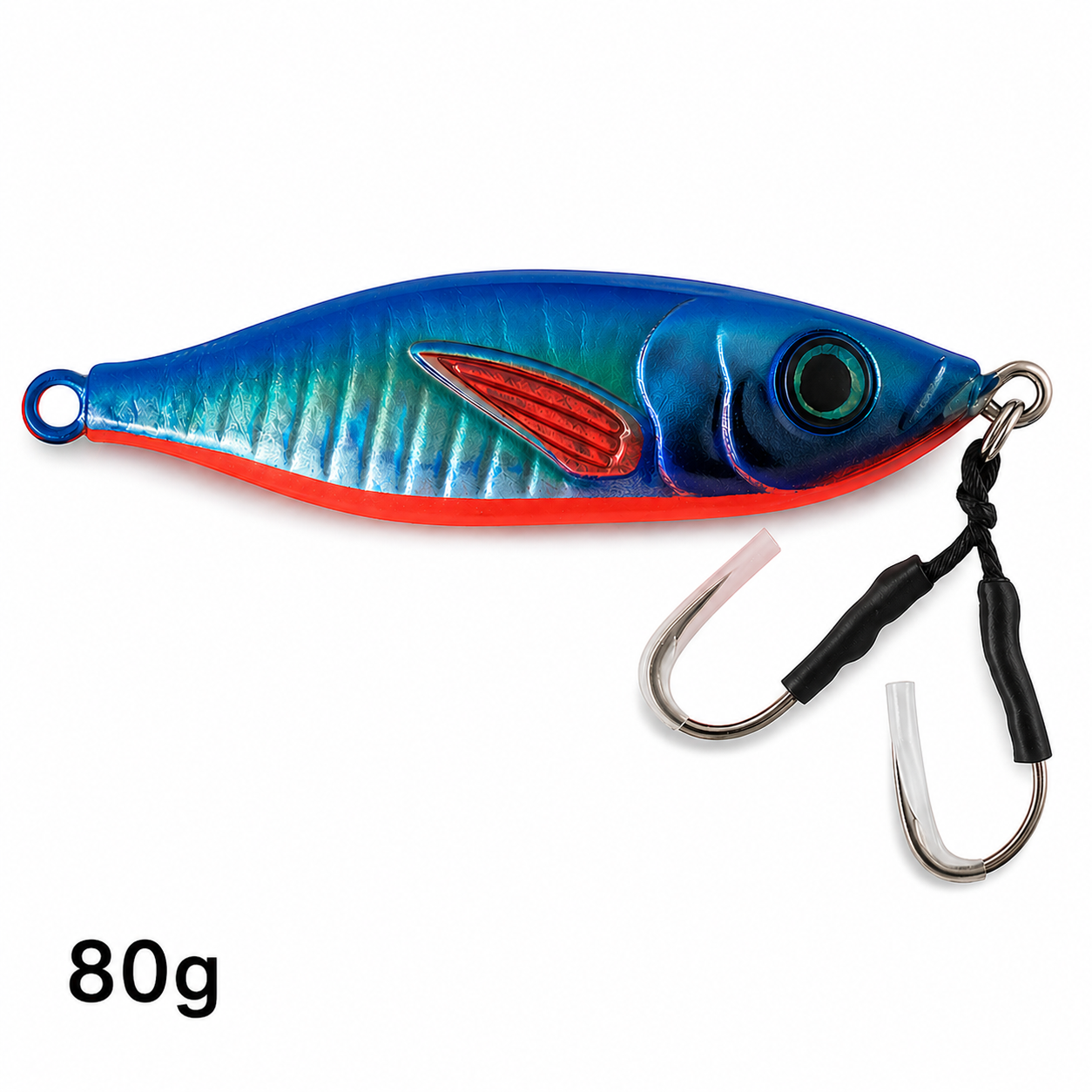 ReefStrike slow pitch jig Blue Sardine 80g with blue and silver holographic body and red belly, rigged with dual assist hooks for offshore snapper and grouper fishing