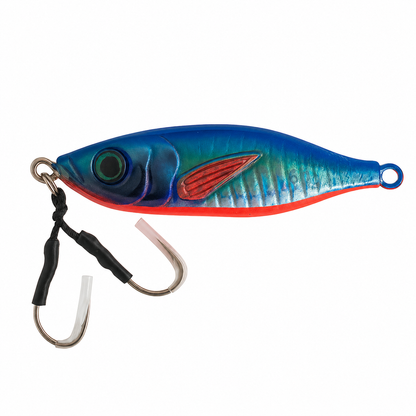 ReefStrike slow pitch jig Blue Sardine with holographic blue and silver body and red belly, rigged with dual assist hooks for offshore snapper and grouper fishing
