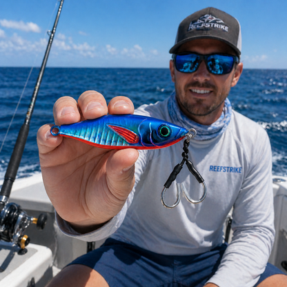 Angler holding ReefStrike Blue Sardine slow pitch jig on a boat with open ocean background, showing size and dual assist hooks for offshore snapper and grouper fishing