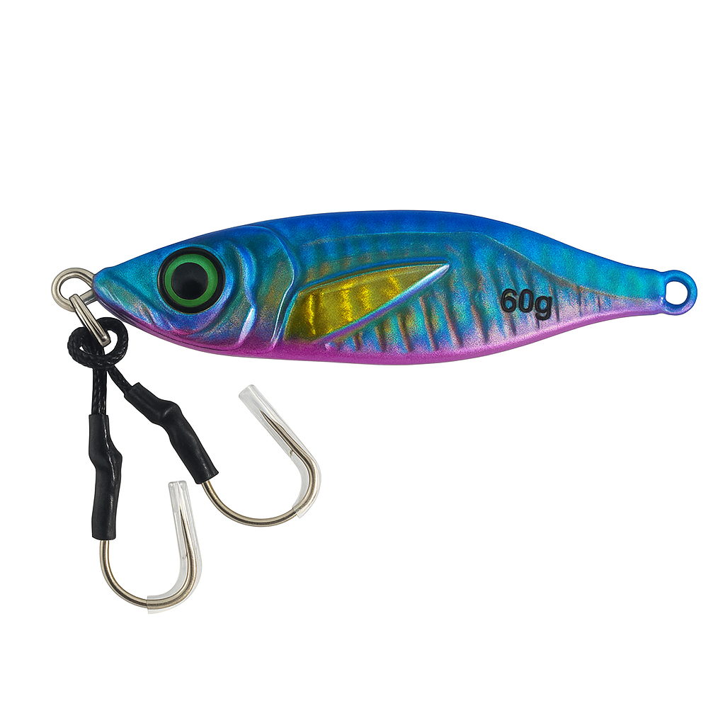 ReefStrike Slow Pitch Jig Electric Mahi 60g with dual assist hooks on white background, blue green and pink holographic finish with gold fin detail for saltwater fishing