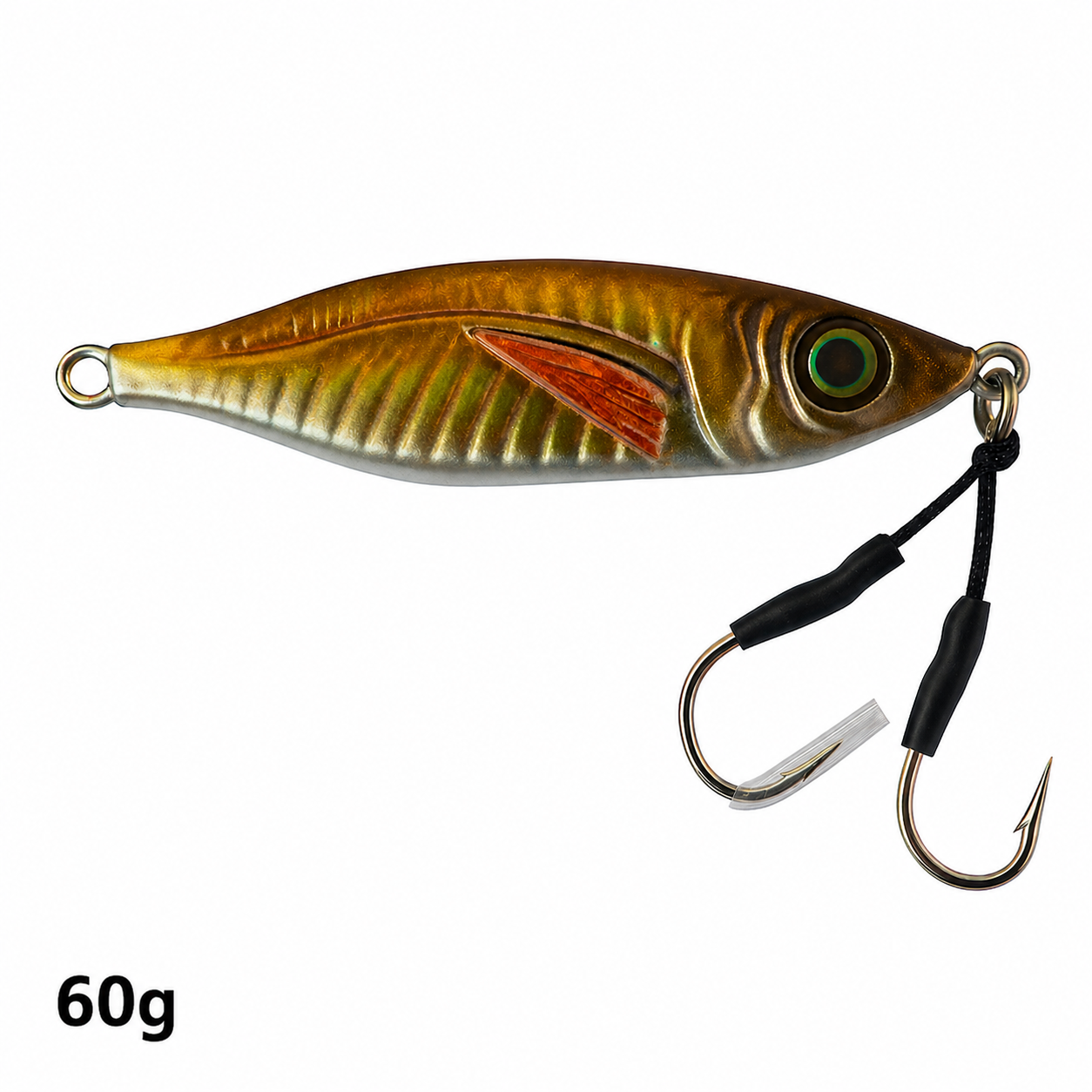ReefStrike slow pitch jig Golden Bait 60g flipped orientation with metallic gold finish, rigged with dual assist hooks for snapper and grouper offshore fishing