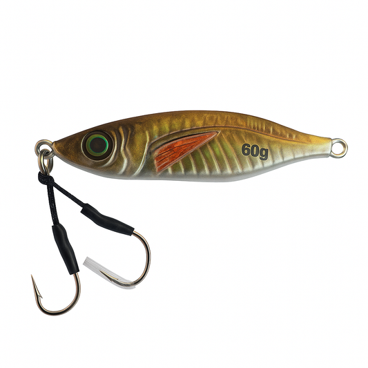 ReefStrike Slow Pitch Jig Golden Bait 60g with dual assist hooks on white background, metallic gold and silver body with red fin detail for saltwater fishing