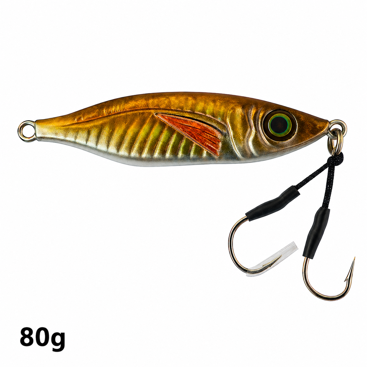 ReefStrike slow pitch jig Golden Bait 80g flipped orientation with metallic gold finish, rigged with dual assist hooks for snapper and grouper offshore fishing