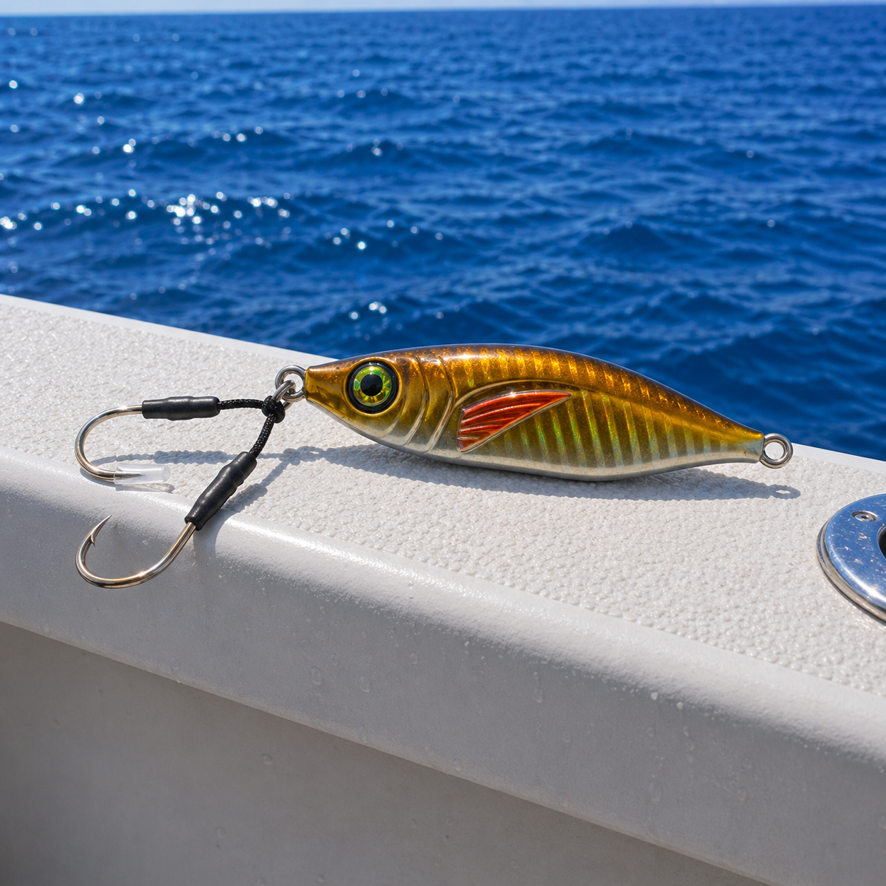 ReefStrike slow pitch jig Golden Bait resting on a boat gunwale in open ocean with assist hooks positioned at the head, ideal for snapper and grouper offshore fishing