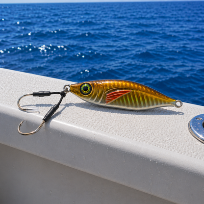 ReefStrike slow pitch jig Golden Bait resting on a boat gunwale in open ocean with assist hooks positioned at the head, ideal for snapper and grouper offshore fishing