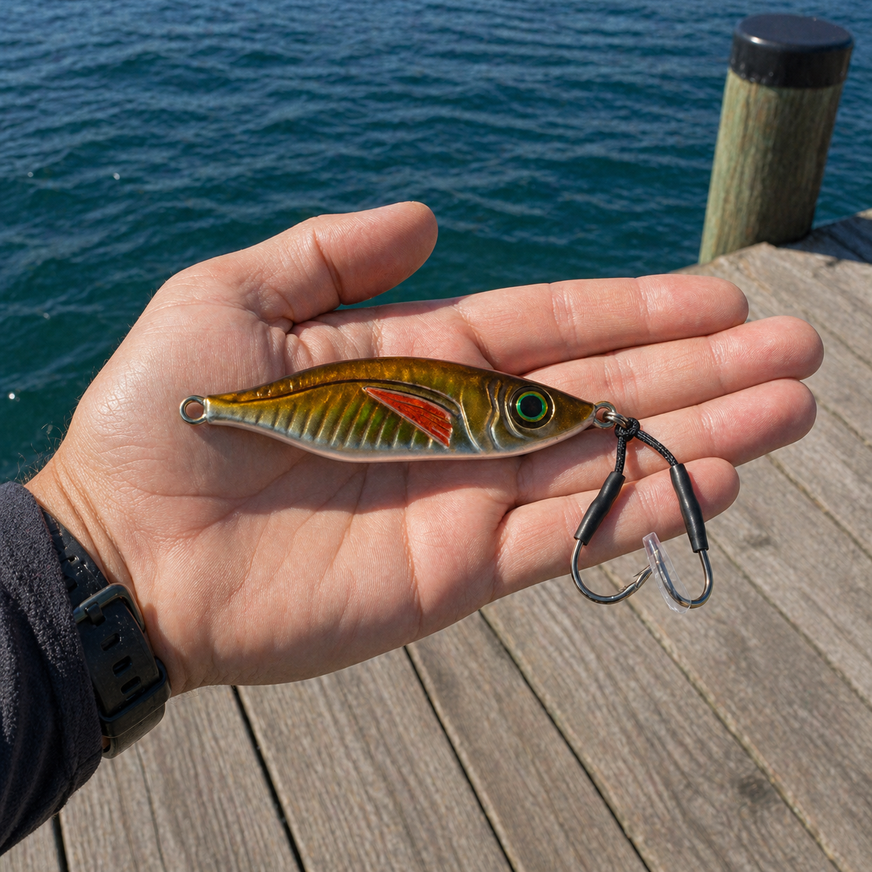 ReefStrike slow pitch jig Golden Bait held in hand on a wooden dock with water in background, showing size reference and dual assist hooks positioned at the head