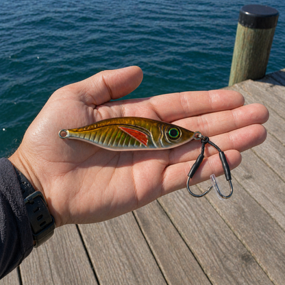 ReefStrike slow pitch jig Golden Bait held in hand on a wooden dock with water in background, showing size reference and dual assist hooks positioned at the head