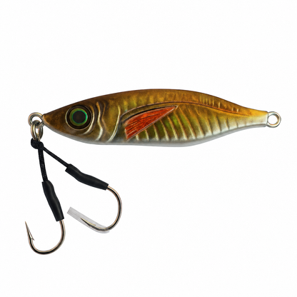 ReefStrike slow pitch jig Golden Bait with metallic gold and silver finish, rigged with dual assist hooks for snapper and grouper offshore fishing