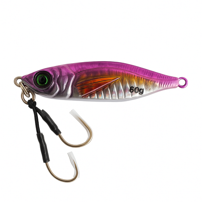 ReefStrike Slow Pitch Jig Pink Flash 60g with dual assist hooks on white background, metallic pink top with silver body and gold fin for saltwater fishing