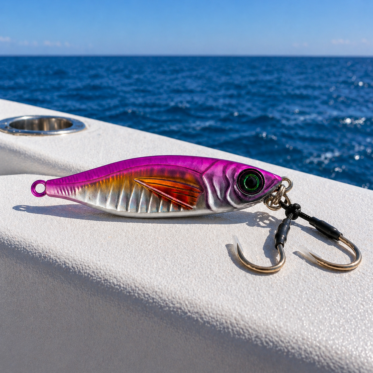 ReefStrike slow pitch jig pink flash on boat gunwale in offshore open water for snapper and grouper fishing