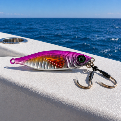 ReefStrike slow pitch jig pink flash on boat gunwale in offshore open water for snapper and grouper fishing