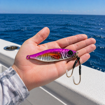 ReefStrike slow pitch jig pink flash shown in hand on boat for size reference offshore snapper and grouper fishing