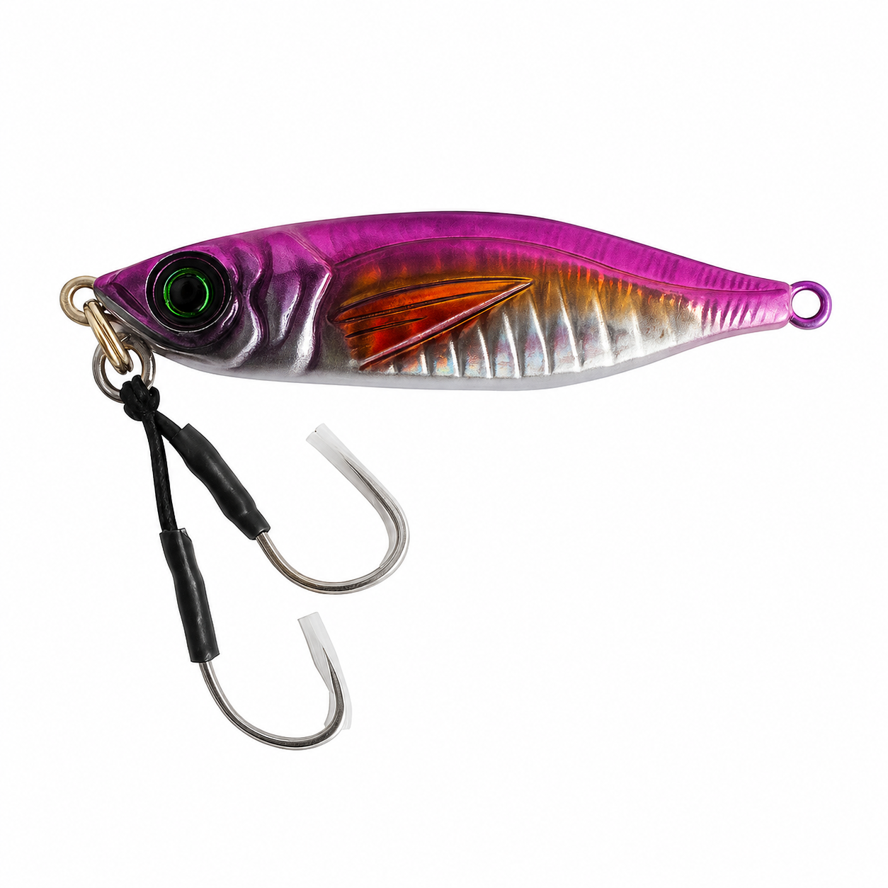ReefStrike slow pitch jig Pink Flash with metallic purple and silver finish, rigged with dual assist hooks for snapper and grouper offshore fishing