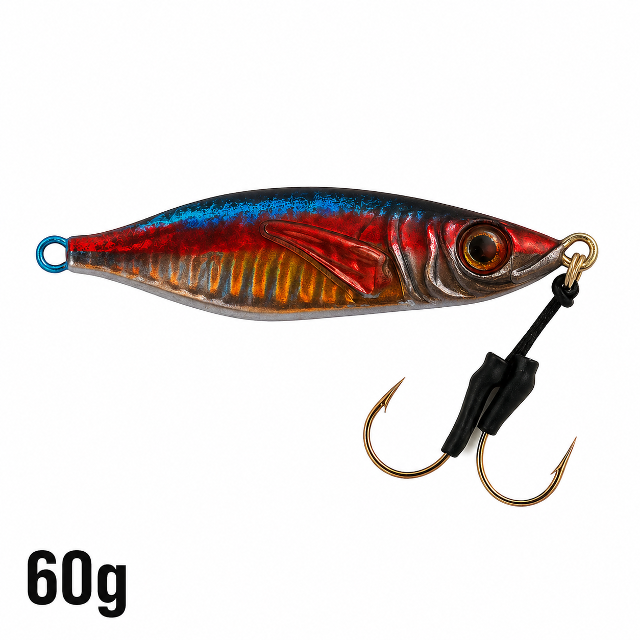 ReefStrike slow pitch jig Red Mackerel 60g flipped orientation with red, blue, and gold finish, rigged with dual assist hooks for snapper and grouper offshore fishing