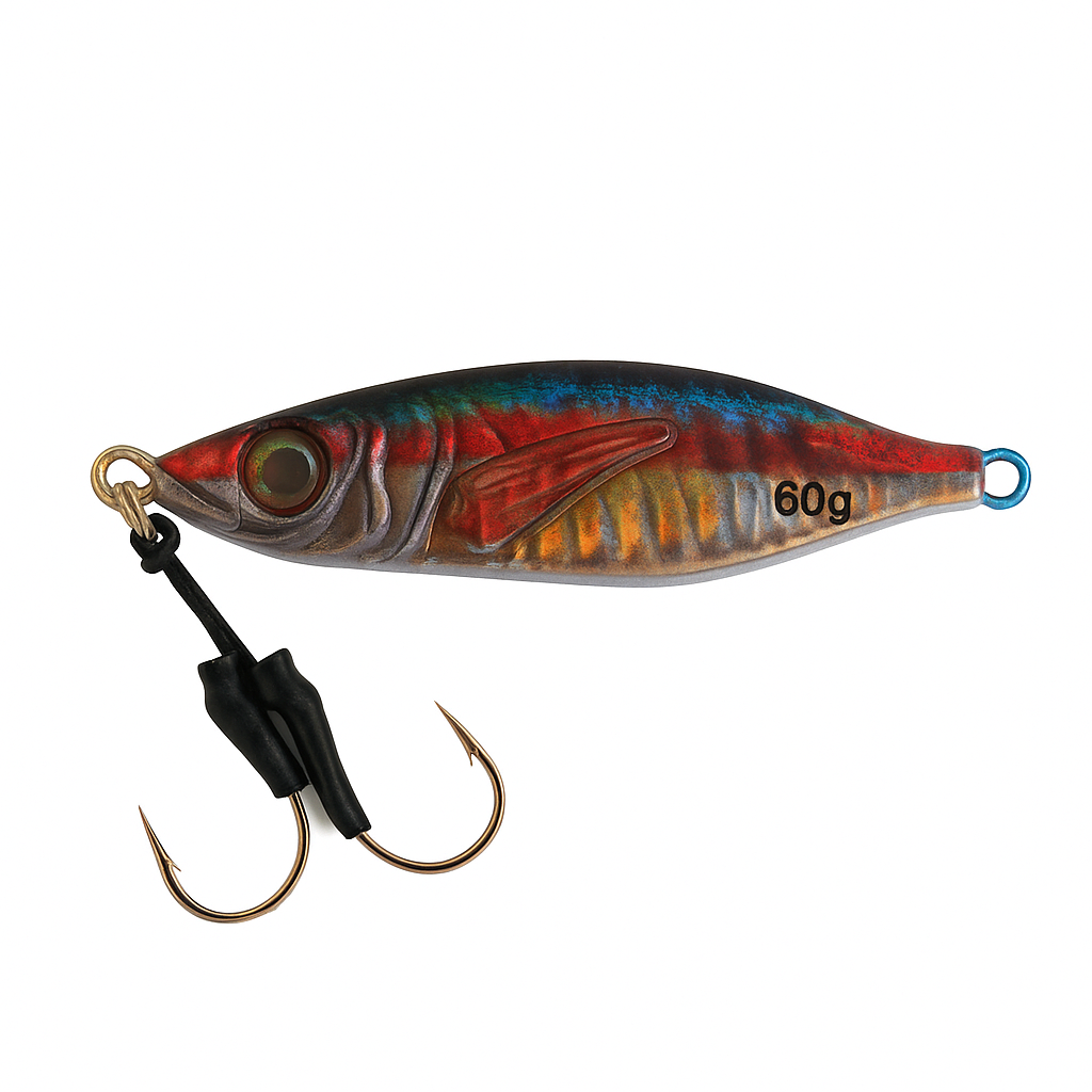 ReefStrike Slow Pitch Jig Red Mackerel 60g with dual assist hooks on white background, red and silver body with blue back and gold accents for saltwater fishing