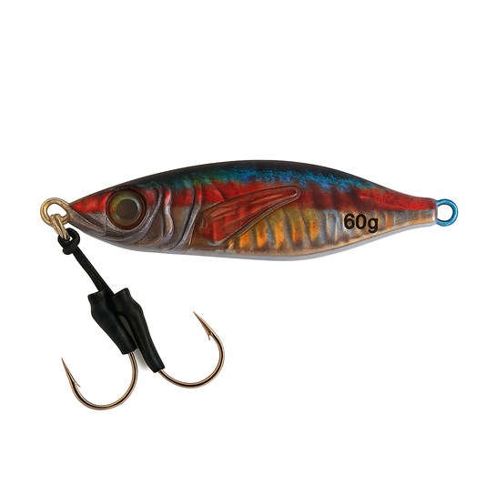ReefStrike Slow Pitch Jig Red Mackerel 60g with dual assist hooks on white background, red and silver body with blue back and gold accents for saltwater fishing