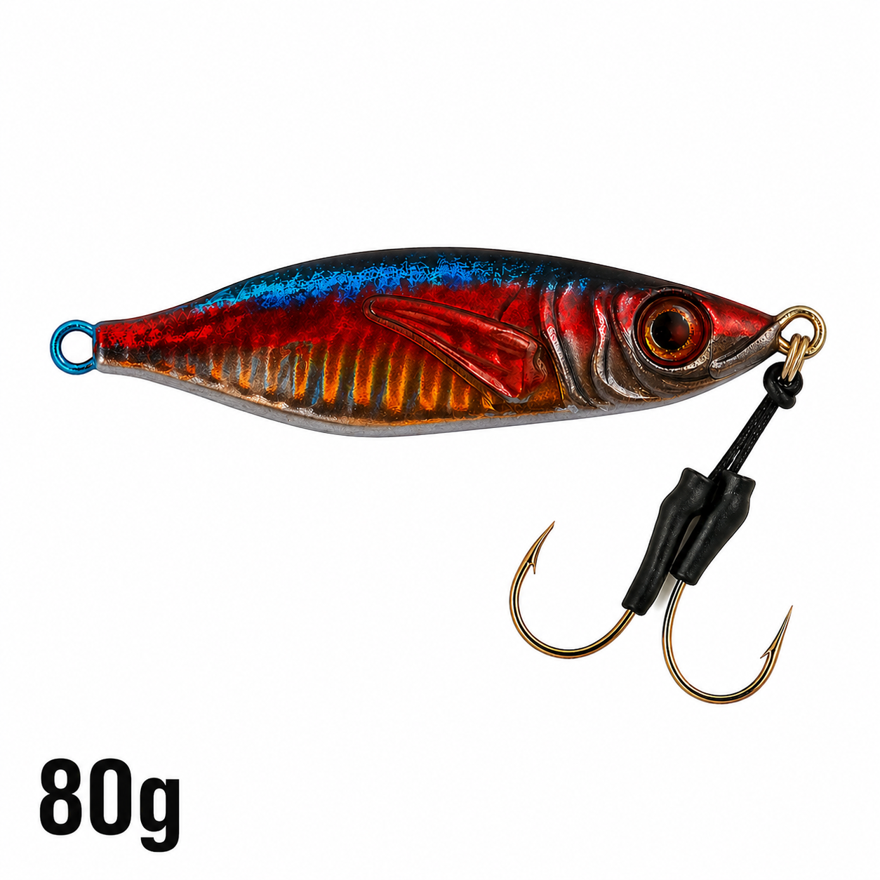 ReefStrike slow pitch jig Red Mackerel 80g flipped orientation with red, blue, and gold finish, rigged with dual assist hooks for snapper and grouper offshore fishing