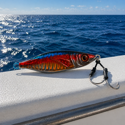 ReefStrike slow pitch jig Red Mackerel resting on a boat gunwale in open ocean with silver dual assist hooks at the head, designed for snapper and grouper offshore fishing
